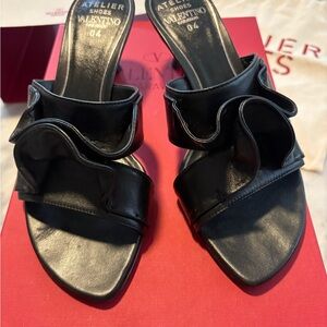 Valentino Atelier Black Ruffle Kitten Heel Sandals